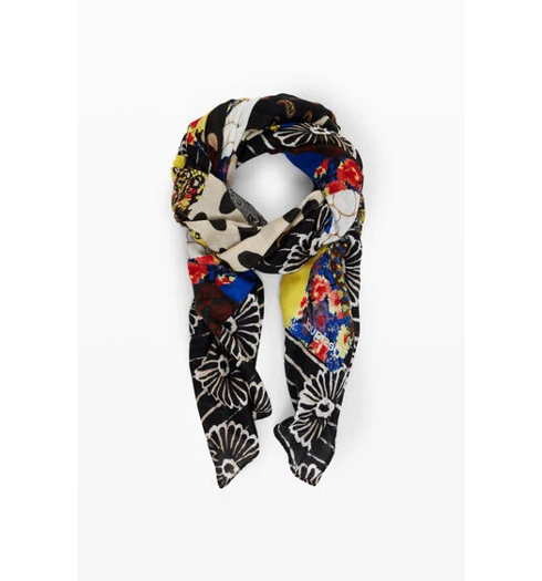 Dámský šátek DESIGUAL 24WAWA05 5000 FOU PATCH RECTANGLE 5000 BLUE - DESIGUAL - 24WAWA05 5000 FOU PATCH RECTANGLE