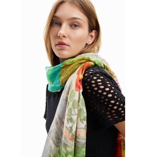 Dámský šátek DESIGUAL 24SAWA23 1000 FOU_NEWSPAPER COLORS RECTA 1000 WHITE - DESIGUAL - 24SAWA23 1000 FOU_NEWSPAPER COLORS RECTA